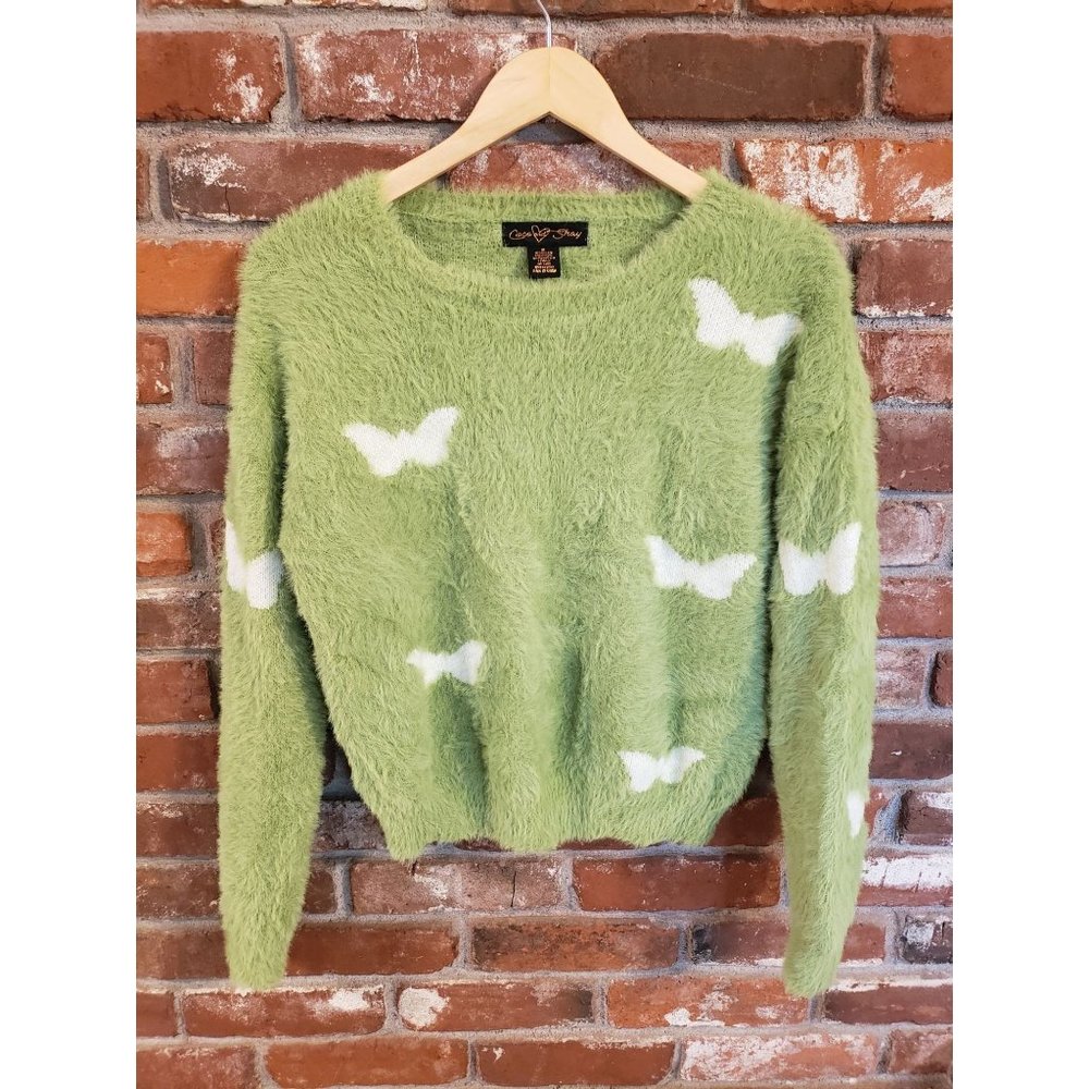 Coco and Shay Green Shag Pullover Sweater w/White Butterfly Print Size XL